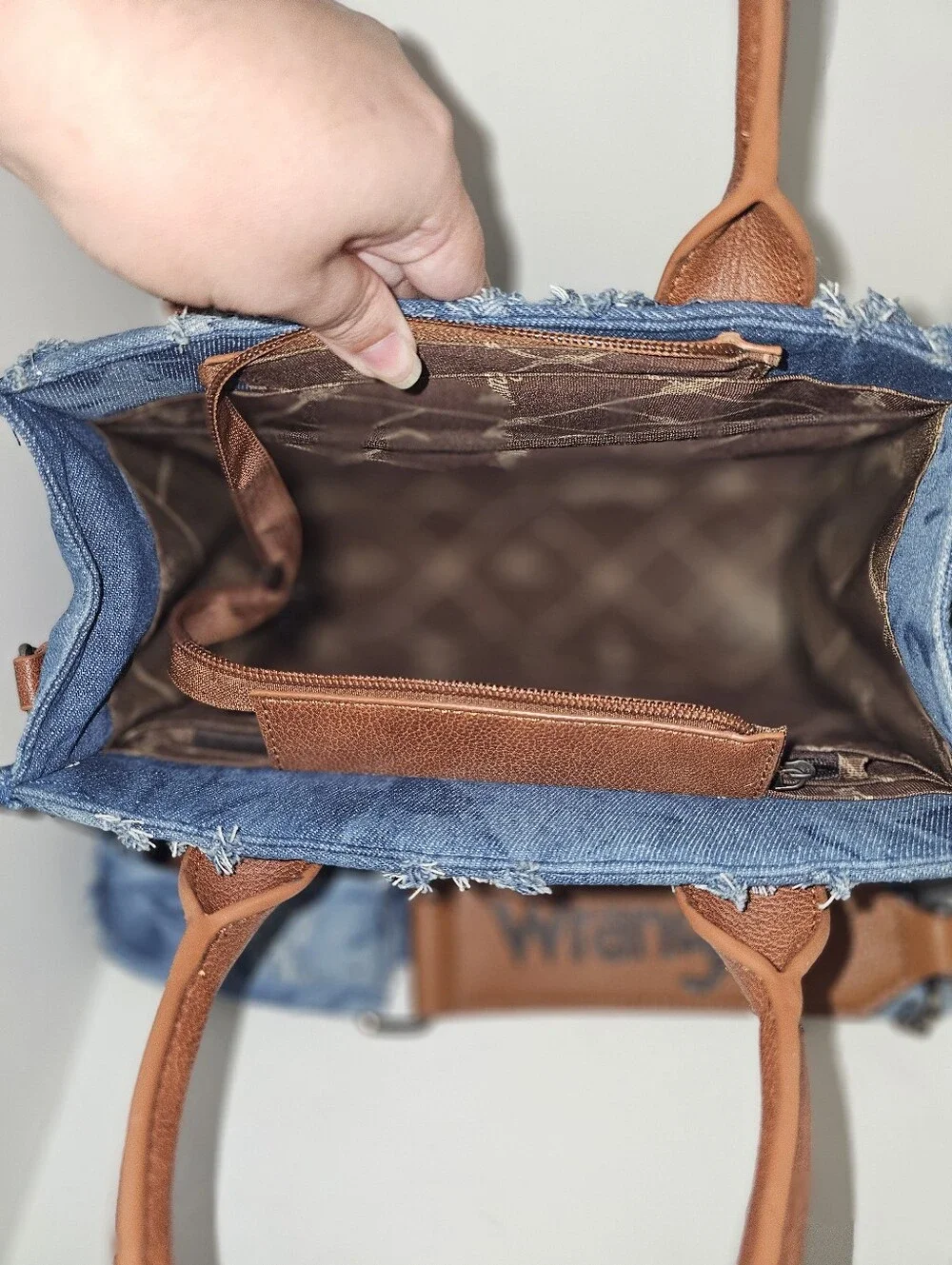 Wrangler Denim Tote with Brown Leather Handles and Strap